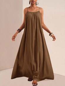 xheZivah Vestido holgado de mujer con textura vertical, corte suelto, de color caqui, de manga corta y ajustable, apropiado para el verano de 2025, festivales de música, Pascua, Día de San Patricio, estilo occidental, estilo nómada, fiestas de cumpleaños, temporada de graduación, uso casual diario, versátil, de ocio, vacaciones, viajes en crucero, playa, tomar el sol, popular en redes sociales. xhe - Óxido marrón - Ver 3
