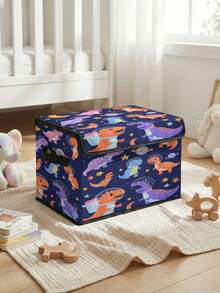 1 pieza Caja de almacenamiento plegable de gran capacidad, cesta de almacenamiento con tapa con estampado de dinosaurio y asa, multiusos para guardería, dormitorio, ropa de bebé, debajo de la cama, almacenamiento de juguetes - Multicolor - Ver 3