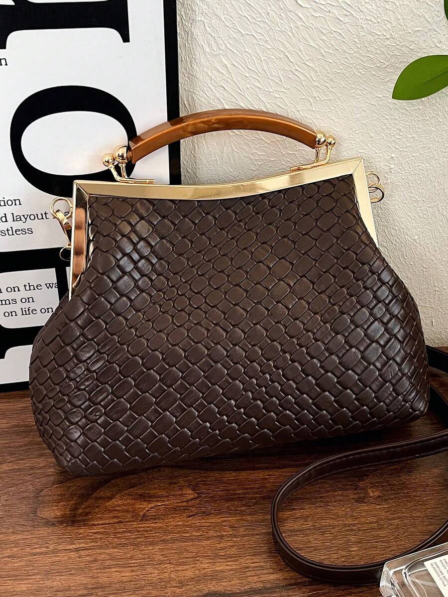 PU Leather Crossbody Bag For Women, Vintage Clasp Handbag, Adjustable Shoulder Strap, Solid Color Lightweight Shoulder Bag With Polyester Lining - Coffee Brown - View 1