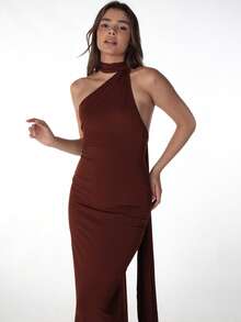 Vestido de fiesta de verano de un solo hombro y espalda descubierta de unicolor y corte sirena para mujer - Marrón - Ver 4