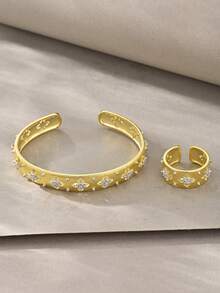 Gold Bangle Set, Versatile Textured White Gold Copper Inlaid Zirconia, Suitable For Daily Wear, Gatherings, Dates, Parties, Gifts - Gold - View 4