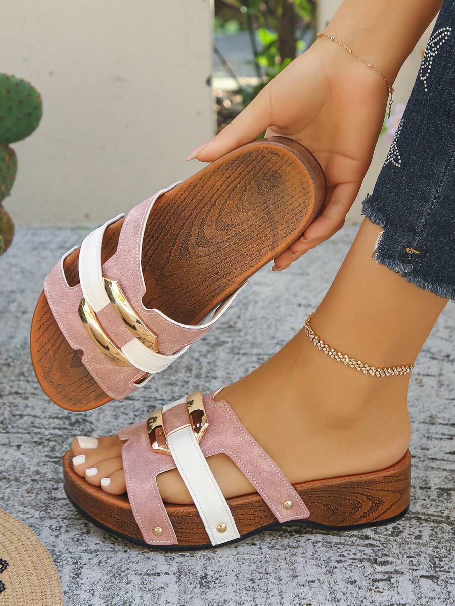 Fashion Square Buckle Decor Color Block Hollow Out Women Platform Wedge Comfortable Slip-On Sandals, Pink Thick Sole Slides, Vacation Style For Summer Daily Wear, Plus Size - Pink - View 1