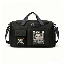 Miniso 1 Borsa da palestra monoblocco - Stampa "Wanted" di Nico Robin con Jolly Roger del cappello di paglia, borsa sportiva e da viaggio nera per viaggi di una notte, allenamento - nero - Visualizzare 1