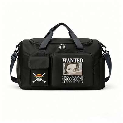 Miniso Túi thể thao đa năng One Piece - Hình Nico Robin "Wanted" với mũ rơm và biểu tượng cờ hải tặc Jolly Roger, màu đen, thích hợp cho các chuyến đi qua đêm hoặc tập luyện.