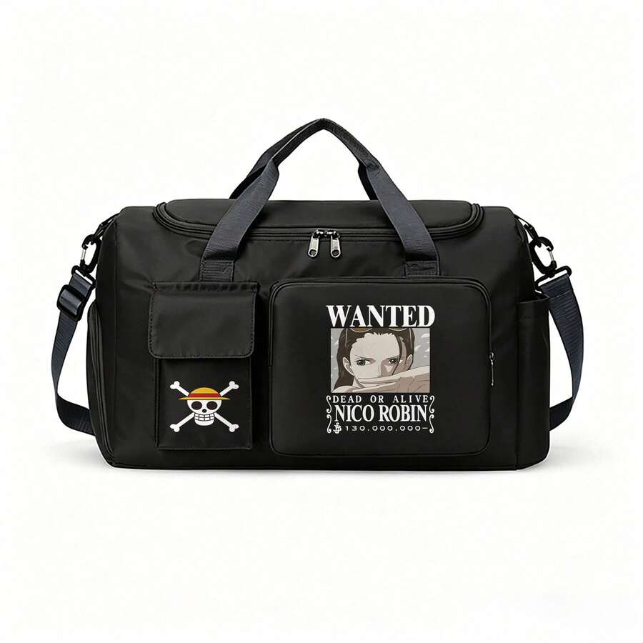 Miniso 1 Borsa da palestra monoblocco - Stampa "Wanted" di Nico Robin con Jolly Roger del cappello di paglia, borsa sportiva e da viaggio nera per viaggi di una notte, allenamento - nero - Visualizzare 1