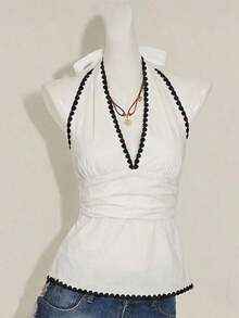 Women's Strapless Top With Deep V-Neck, Draped Back, And Polka Dot Print - Multicolor 2 - View 3