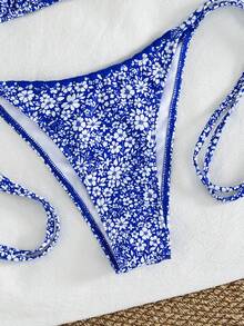 Bộ bikini buộc dây cổ màu trơn, gợi cảm, tối giản, thích hợp cho nữ, đi biển, du lịch, dự tiệc, mẫu mới Xuân/Hè. - Nền màu xanh dương với những bông hoa nhỏ màu trắng. - Xem 6