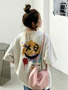 日系女式休闲宽松100%纯棉卡通涂鸦笑脸印花短袖T恤，春夏款 - 淺花灰 - 查看 3