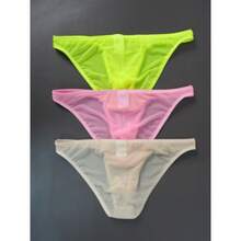 Local Delivery‌ Sheer Mesh Triangle UnderwearSet Of 3 Men'S Solid Color - Apricot + Green + Pink - View 3