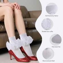 NEW- Women Big Ruffle Ankle Socks Adult Fluffy 4-Layer Lace Frilly Socks Fold Cuff Cotton Fancy Ruffled Dress Bobby Sock - White - 1 Pair - View 4