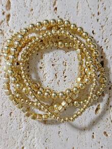 5pcs/Set Handmade Beaded Elastic Bracelet Set, Suitable For Women's Daily Wear, Can Be Stacked And Personalized - White Gold - View 3