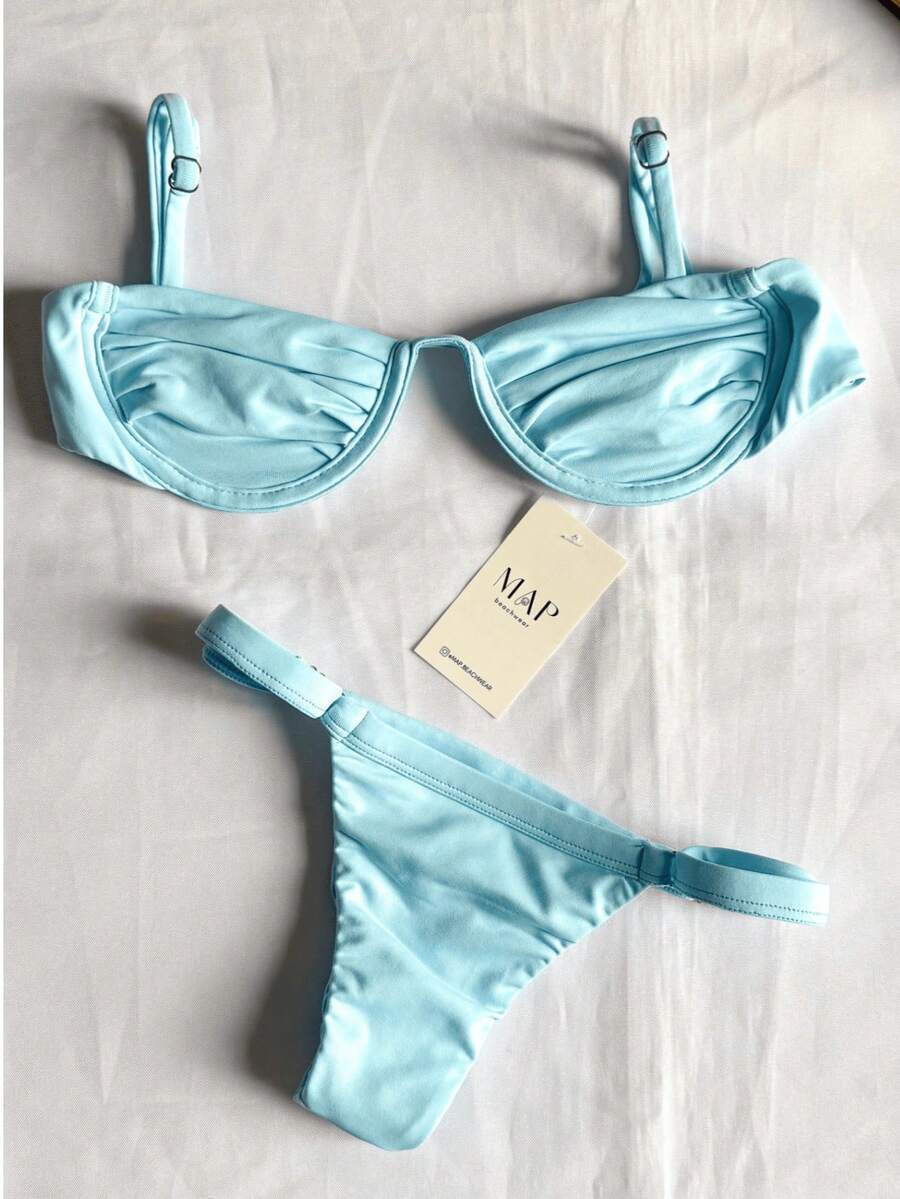 Underwire Bikini With Half-Cup Bra And Thong Bottom With Adjustable Straps. - Baby Blue (rim) - View 1
