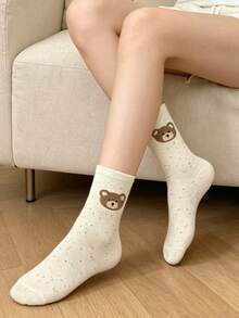 5 Pairs Bow Tie Socks For Women, Solid Color Cute Cartoon Bear Mid-Calf Socks, Autumn/Winter - Multicolor - View 5