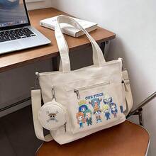 Miniso One Piece Chibi Straw Hat Crew Print White Casual Multi-Functional Large Capacity Tote Bag 2 Pieces Set With Detachable Coin Purse, Multi-Way Carry, Ideal For Work, Travel, Shopping And Everyday Use - White - View 2