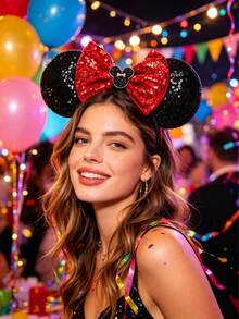 Disney 1件裝米奇手型髮箍，米奇亮片手指髮箍－節日派對頭飾、趣味拍照道具、遊樂園配件，適合生日派對與復活節活動，附可愛蝴蝶結卡通髮夾 - A - 查看 1