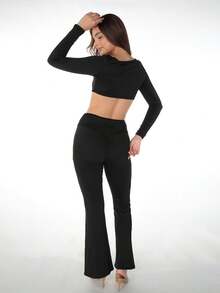Bộ 2 món áo crop top cổ tròn và quần dài màu đen thanh lịch dành cho nữ, thích hợp cho mùa xuân. - màu đen - Xem 7