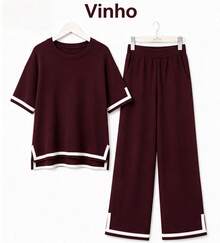 Women's Tracksuit Set With Striped Details - Comfortable Style - Màu Đỏ Sâu - Xem 2