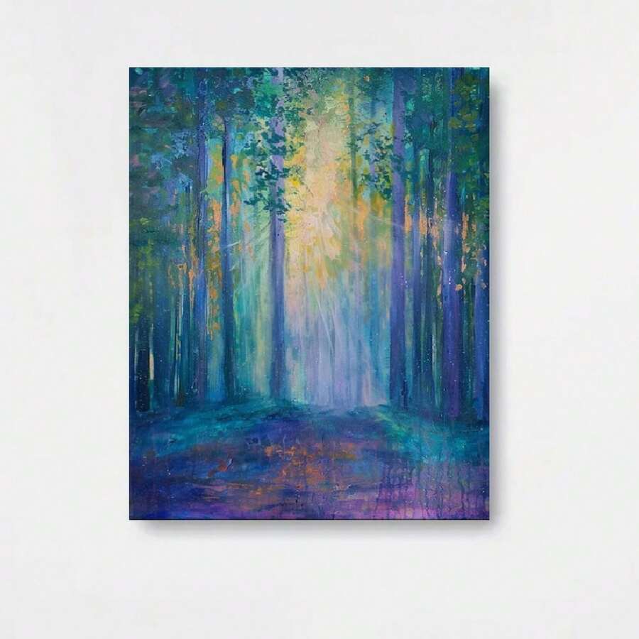1 pieza de arte de pared en lienzo abstracto de bosque pastel - Pintura moderna minimalista verde púrpura rosa, marco de madera envuelto a prueba de agua, paisaje de naturaleza sereno listo para colgar para sala de estar, dormitorio, baño, regalo de inauguración de la casa, decoración del hogar con tonos suaves y apagados - Enmarcado - Ver 1