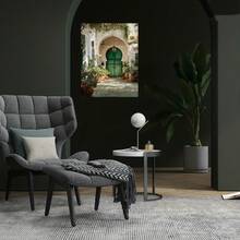 Pintura en lienzo 2D plana sin marco de varios s, arte de patio marroquí _ Decoración de pared de portón verde _ Decoración del hogar mediterránea _ Arco botánico de estilo bohemio _ (2), 2D plano - Enmarcado - Ver 2