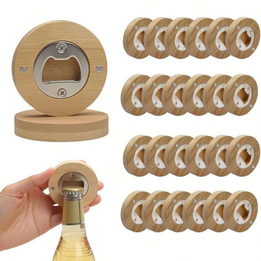 磁吸式開瓶器 DIY 木製圓形啤酒開瓶器 木製冰箱磁鐵貼紙 送給啤酒愛好者的禮物 適合婚禮賓客、廚房、酒吧、派對 - 卡其色 - 查看 1