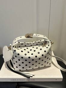 1 Piece Small Polka Dot Print Box Bag, Adjustable PU Zipper Crossbody Bag, Heart-Shaped Tassel Decoration, Fashionable Handbag For Daily Use, Date - 米色 - 查看 10
