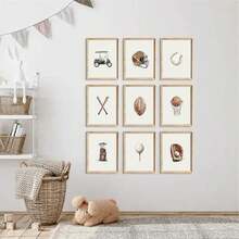 9pcs Vintage Sports Wall Art Decor, Canvas Prints Of Football, Baseball, Basketball, Golf, Game Room, Bedroom Wall Decor, Unframed 8"X10" - Cartoon - View 7