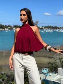 Elegant Sleeveless Solid-Color Blouse With A High Neck And Cropped Length, Versatile For Summer, Beach, Vacation, Bohemian Style, Tropical, Valentine's Day, Back To School For Women - 玫紅色 - 查看 4