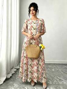Vestido plisado de gasa con estampado floral de estilo francés elegante, talla, primavera/verano - Rosa - Ver 11
