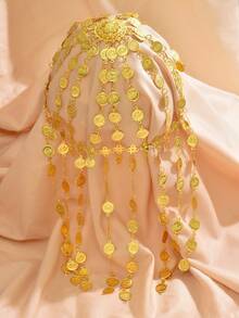 Tocado elaborado con borlas de monedas largas, diseño tallado multicapa, accesorio de cabeza para danza del vientre de Oriente Medio para actuaciones en escenario, cadena para la cabeza - Talla única - Ver 9