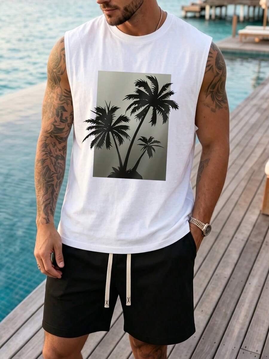 JINYA Men's Summer Casual Vacation Streetwear Vintage American Style Black Coconut Tree Silhouette Tank Top And Shorts Beach Set, Suitable For Outdoor - Multicolor - View 1