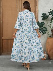 Faunlyn Vestido casual de mujer con estampado floral, cuello en V y mangas acampanadas para vacaciones - Multicolor 3 - Ver 2