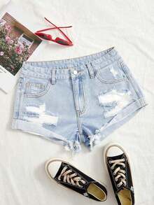 Distressed Rolled Hem Casual Denim Shorts For Summer - 輕洗 - 查看 7