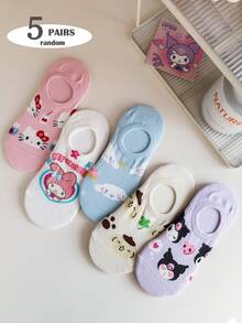 5 pares de calcetines invisibles sin mostrar con diseños de dibujos animados para mujer de la marca Sanrio (no incluye forro de cartón, colores aleatorios) - Multicolor - Ver 7