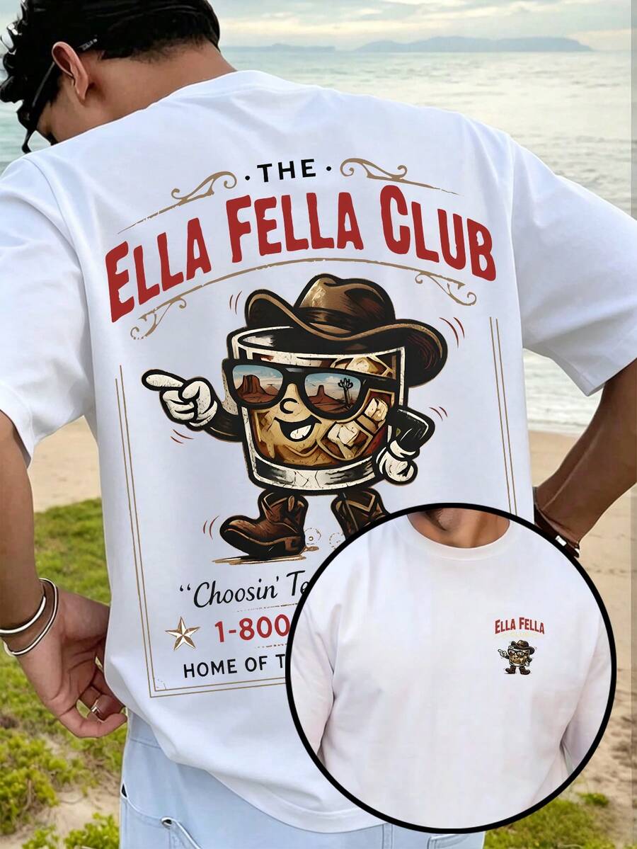 Herren-T-Shirt aus 100% Baumwolle, Oversized, mit Grafikdruck, Rundhalsausschnitt, Kurzarm, "The Ella Fella Club" Retro Western Whiskey Maskottchen-Print, lässiger, lockerer Schnitt, T-Shirts für Männer, chemis - Weiss - Übersicht 1