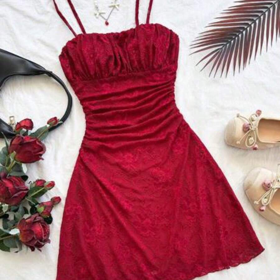 guangzhougaolangshangmao  Vestido mini de línea A con tirantes de espagueti rosa y romántico Ditsy Floral para mujer, adecuado para fiesta, cita, San Valentín, Pascua, carnaval, crucero por la playa, Afternoon vestido de moda para té, primavera/verano - Burdeos - Ver 1