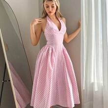 guangzhougaolangshangmao  Vestido casual de mujer con espalda anudada a cuadros - Azul - Ver 4