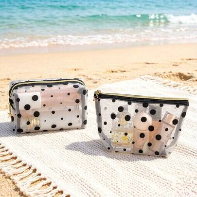 2pcs Transparent Mesh Makeup Bags, Polka Dot & Star Zipper Design, Portable Organizer Pouch For Women, Suitable For Daily Commute