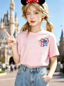 Disney Castle With Stitch And Lilo Pattern 100% Cotton Girls' T-Shirt, New Summer Style, Casual Outing And Sports, Comfortable, Skin-Friendly, Breathable, Fashionable, Versatile, Round Neck Short Sleeve, Perfect For Wearing Alone Or Layering, Best Gift For Girls - Hồng - Xem 2