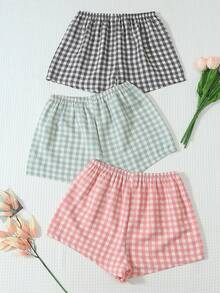 3件套女士舒适格子睡衣短裤，带蝴蝶结，柔软不透光涤纶面料，适合居家休闲，四季皆宜。 - 彩色 - 查看 2