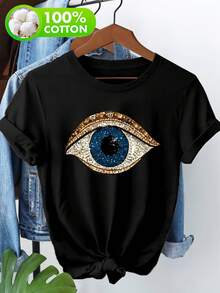 Camiseta estampada con temática de elemento ocular 100% pura para comodidad, estilo decorativo, diseño único, estilo casual, uso diario con gran textura - Negro - Ver 1