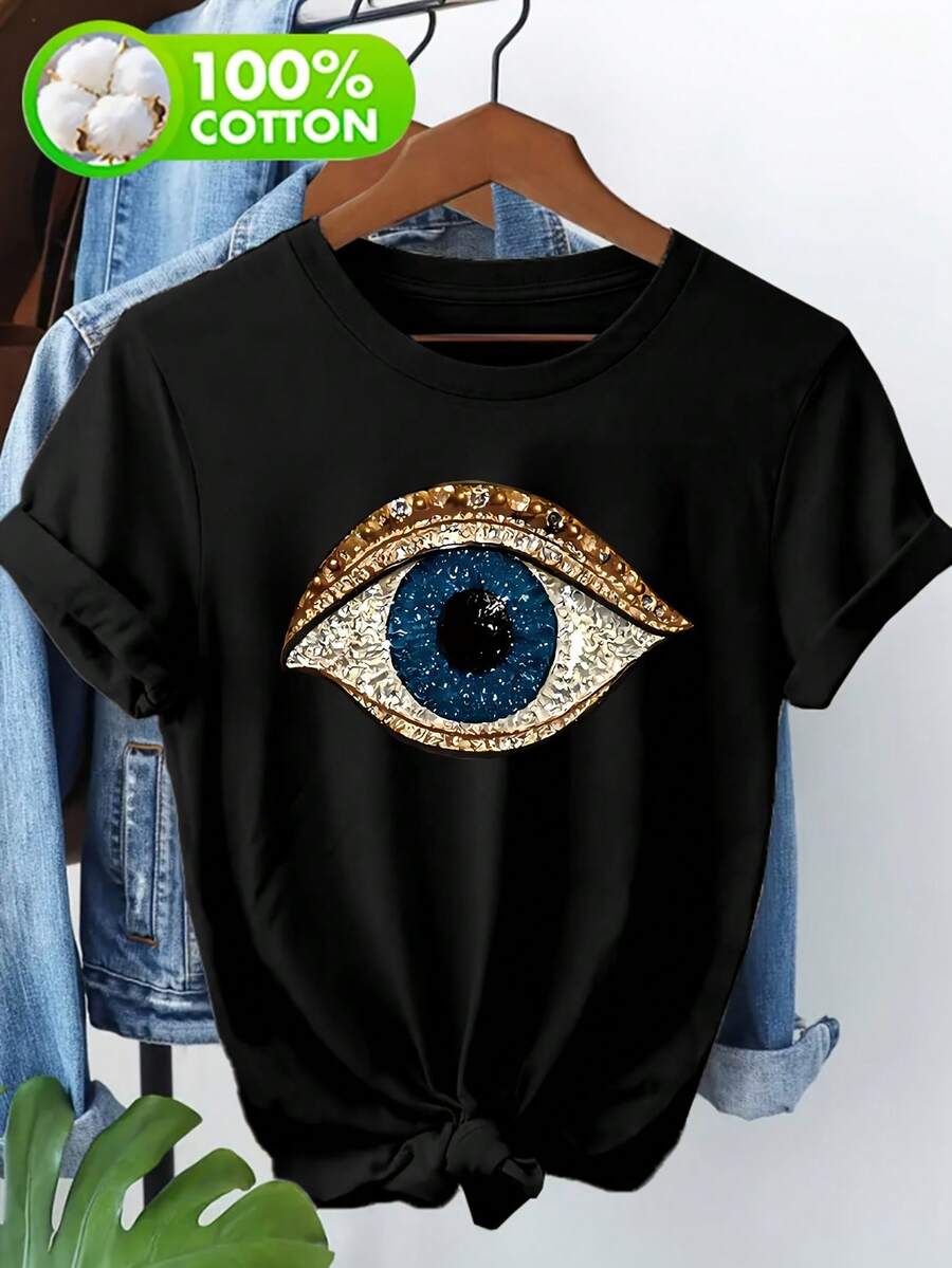 Camiseta estampada con temática de elemento ocular 100% pura para comodidad, estilo decorativo, diseño único, estilo casual, uso diario con gran textura - Negro - Ver 1