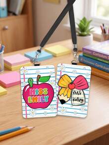 1pc Customized Name Teacher Leather ID Card Holder, Apple & Crayon Themed ID Card Sleeve, Personalized End Of Semester Teacher Gift, Teacher's Day Gift, Back To School, Classroom Decor Lanyard - Multicolor - View 5