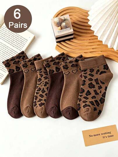 3 Pairs/6 Pairs Vintage Brown Leopard Print Short Socks, Fashionable Versatile Socks For Spring & Summer