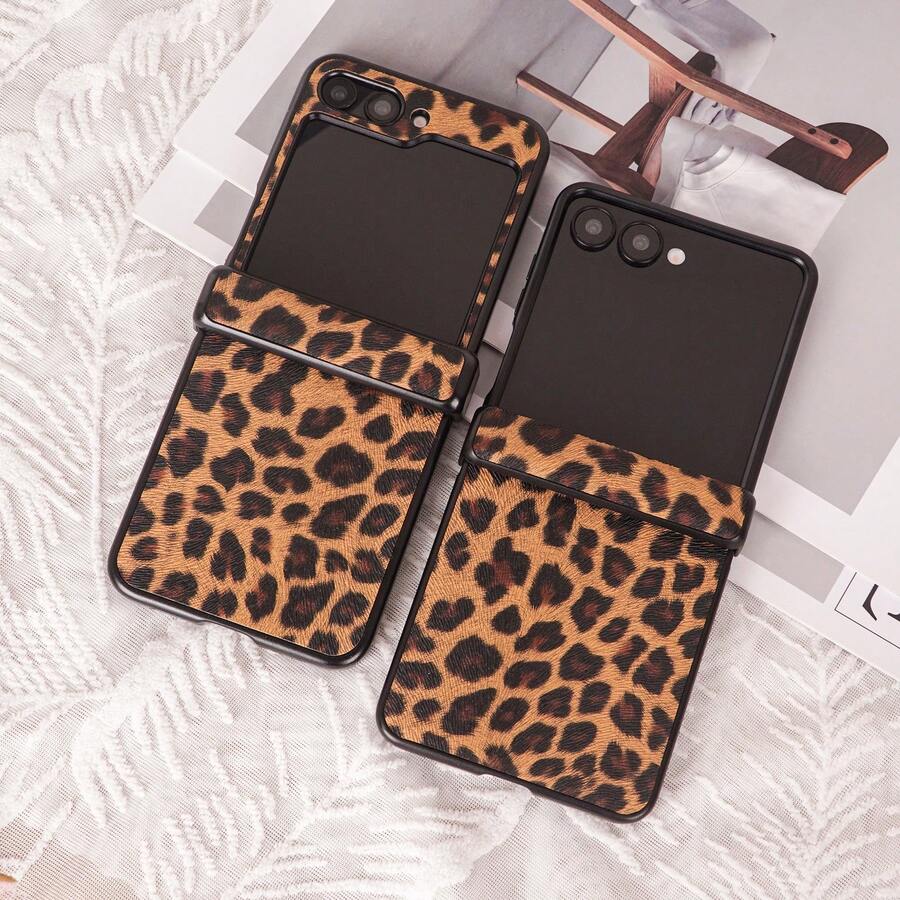 CHOKBODY Vintage Fashion Leopard Print Faux Leather Foldable Phone Case With Hinge Protection, Compatible With Samsung Galaxy Z Flip 8/7/7FE/6/5/4 5G Foldable Phone - Brown - View 1