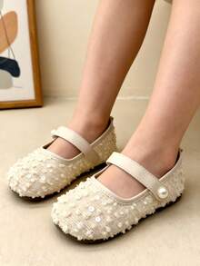 Zapatos planos tipo Mary Jane de tweed con lentejuelas para niñas, con correa de gancho y bucle de perla, suela blanda antideslizante, zapatos de princesa, adecuados para niñas de 3-10 años para uso diario, bodas y fiestas - Beis - Ver 5