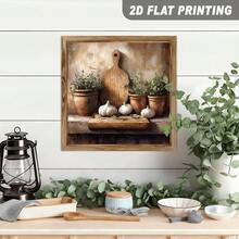 2D Flat, 1-Piece 2D Flat, Country Kitchen Still Life Painting With Garlic And Herbs In A Wooden Frame Sign, Vintage Wall Art, Farmhouse Style Decor For Kitchen, Dining Room, Home, Autumn Harvest, Spring Cooking, Cozy Living Space Decorative Signs And Panels, 8x8inch, 2D Flat - 8*8 Inches (20*20cm) - View 4