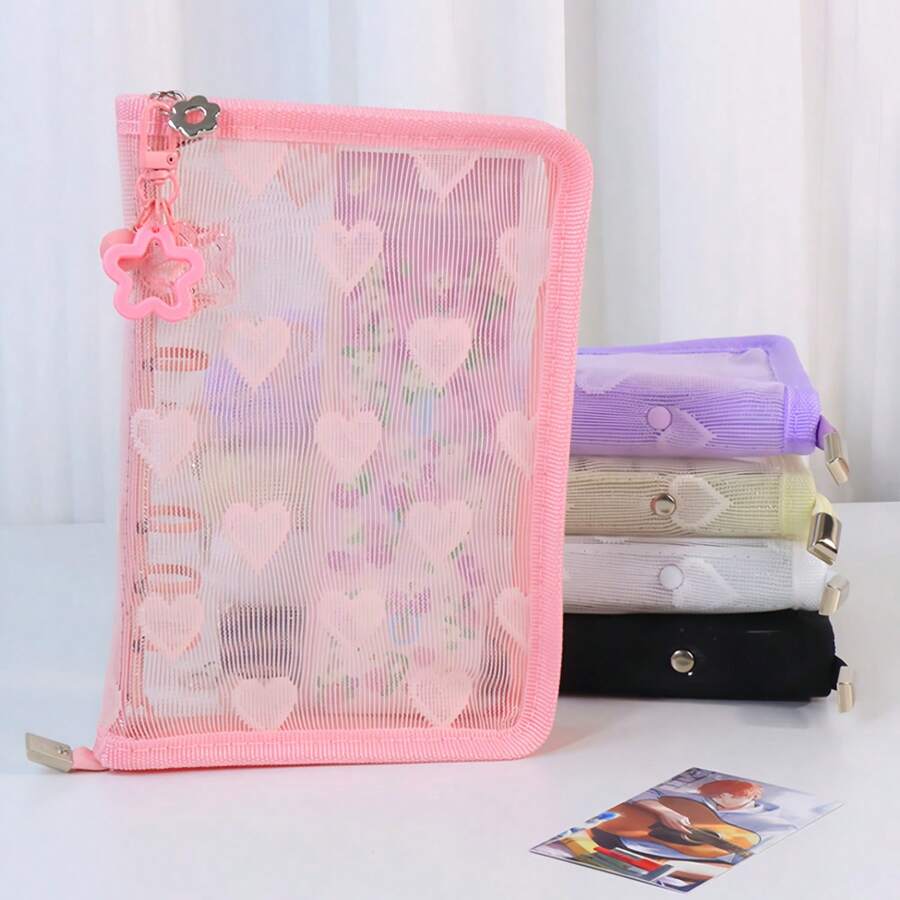 A5 Size Large Capacity Heart-Shaped Lace Zipper Binder, Lace & PVC Material Sticker Storage Bag, Portable Notebook Set, File Folder, Stamp Album, Sticker Book, Pencil Case, A5 Transparent Refill Pages, PP Transparent Refill Pages, Photo Album, Savings Bag, Document Storage Bag - Lace - View 1