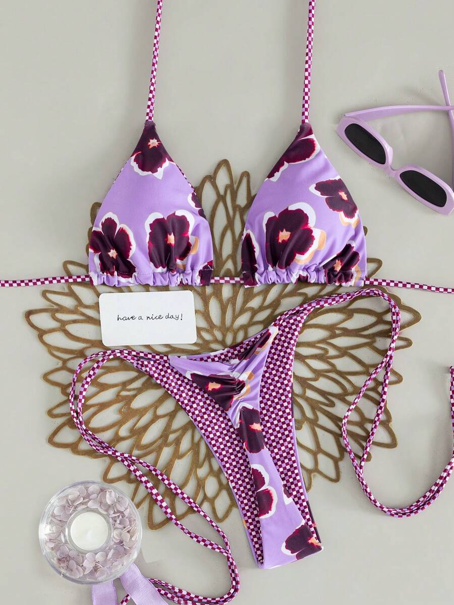 2 bộ đồ bơi nữ, bộ sưu tập 2026, hoa nhí hồng nhạt, áo bikini dây mảnh, quần bơi thắt nơ trước, dây kẻ caro, đồ bơi đi biển mùa hè thanh lịch - Màu Lilac Tím - Xem 1