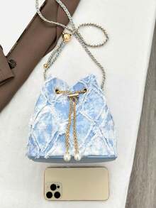Korean Style Fashion Rhombus Fringed Shoulder Bag Minimalist Elegant High-Quality Crossbody Bag Versatile Drawstring Bucket Bag Suitable For Daily, Date, Evening Party And Other Occasions - Blue and White - View 11