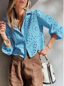 Solid Color Embroidered Ruffle Tie Front Button Lantern Sleeve Blouse Vacation Summer, For Her - Baby Blue - View 2